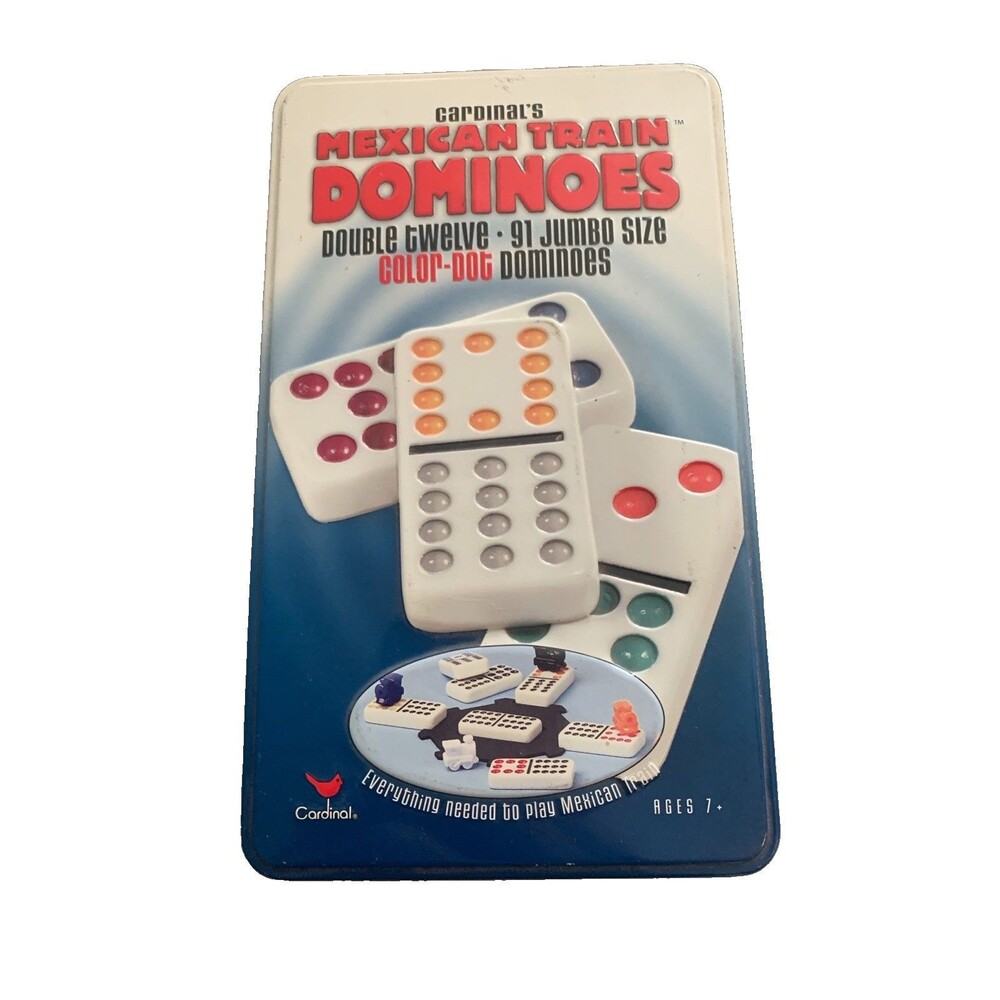 Cardinal Mexican Train Double 12 Domino Set 91 Pieces Jumbo Color Dot Metal Tin